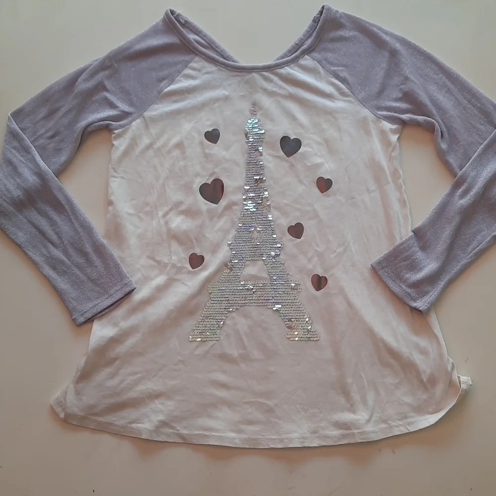Justice Girls Sequin Eiffel Tower Paris Raglan Top Size 12